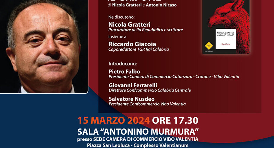 Nicola Gratteri a Vibo Valentia per presentare il suo ultimo libro “Il Grifone”. Appuntamento al Valentianum, venerdì 15 marzo